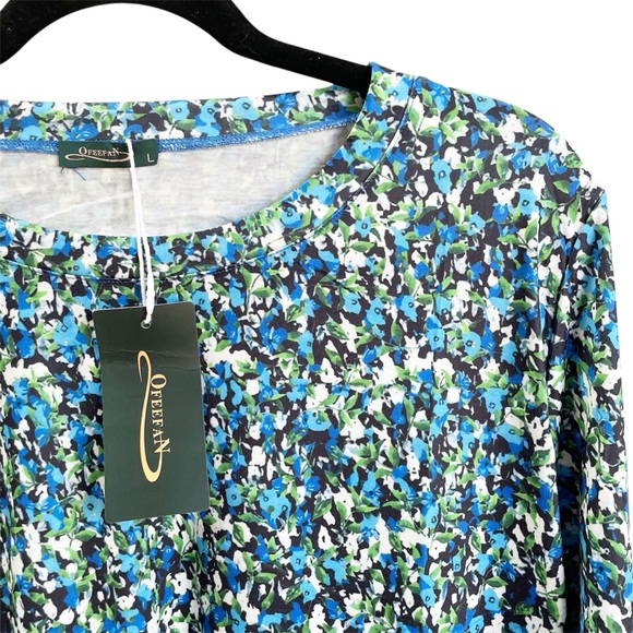 OFEEFAN Blue Floral Tunic Top 3/4 Sleeve Size Large - Picture 4 of 5